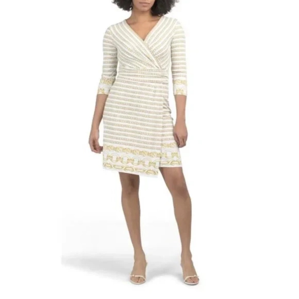 J. Mclaughlin Elegant White And Gold Wrap Dress Size M Nwt
